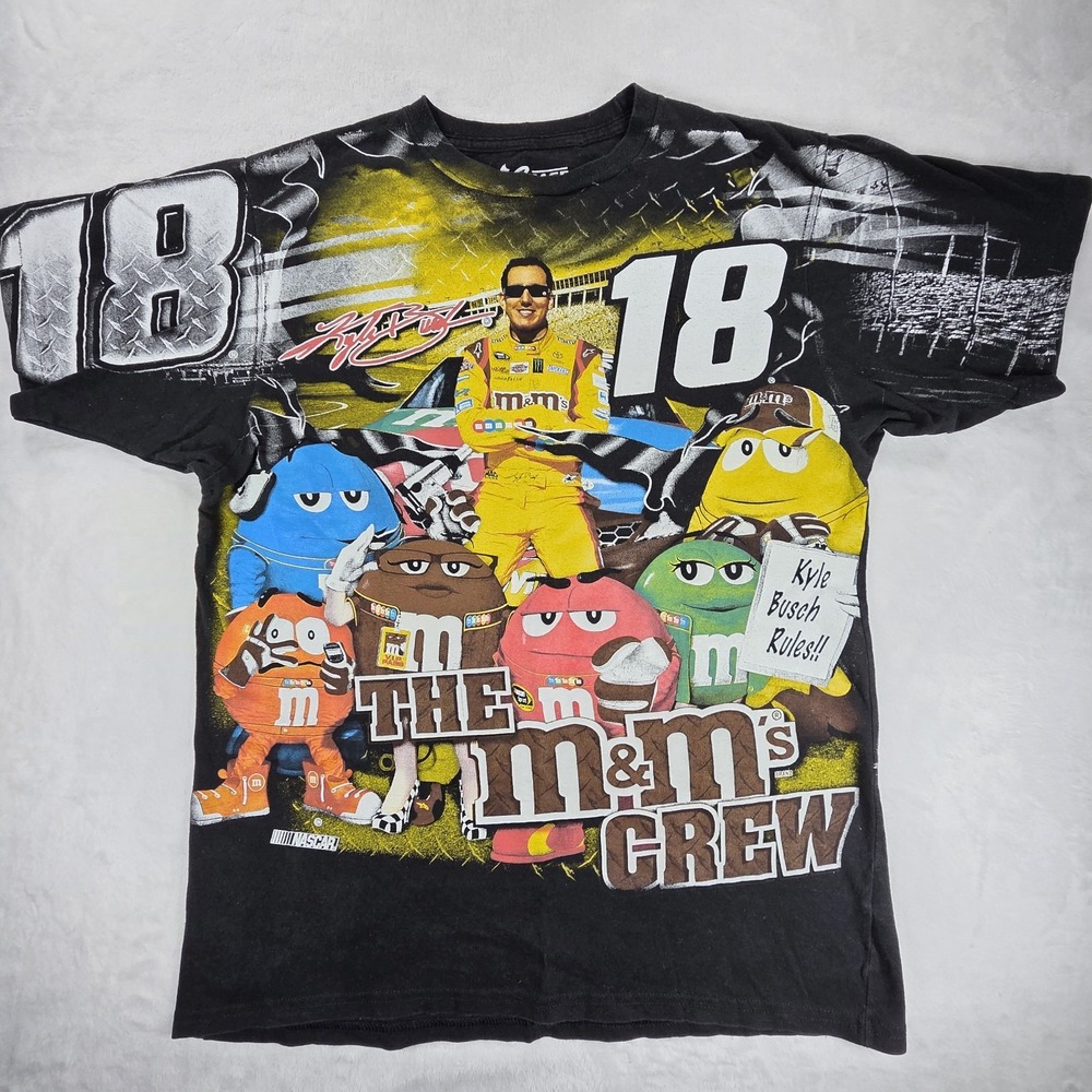 Kyle Busch #18 NASCAR Black Shirt Sz Lqrge All Over Print M&Ms Racing AOP VTG